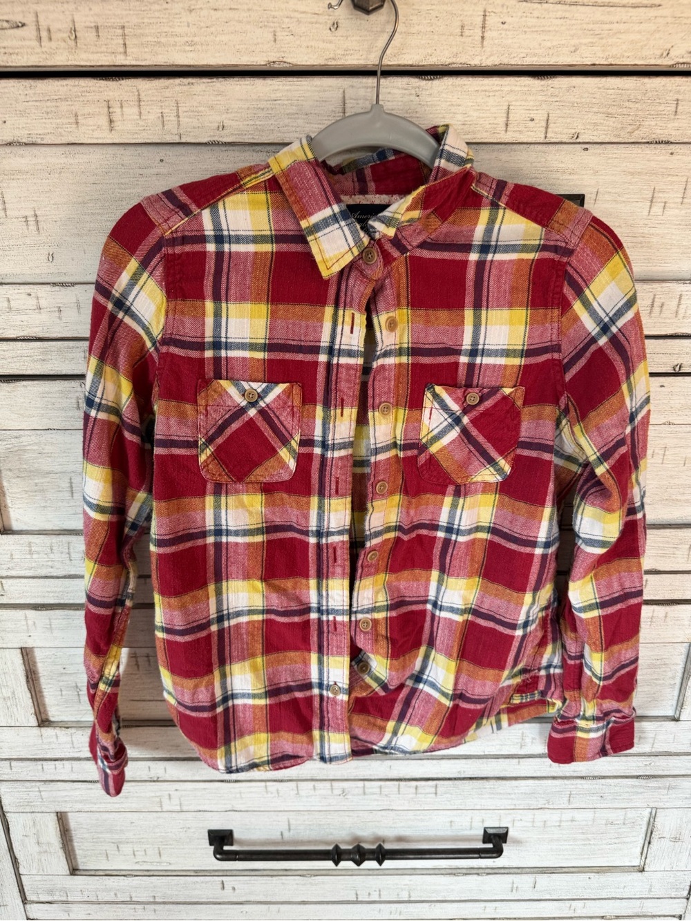 American Eagle Outfitters Red Plaid Button-Down Shirt with Yellow Accents